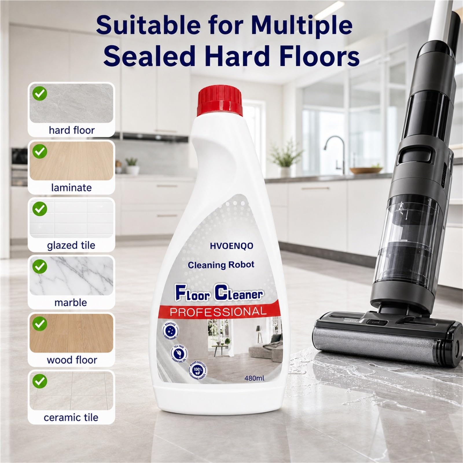 Líquido Limpiador for Pisos 480ml, Paquete De 4 Botella | Concentrado a Base de Plantas, Compatible con Roomba, con Función de Limpieza en Húmedo/Seco for Robot Aspirador