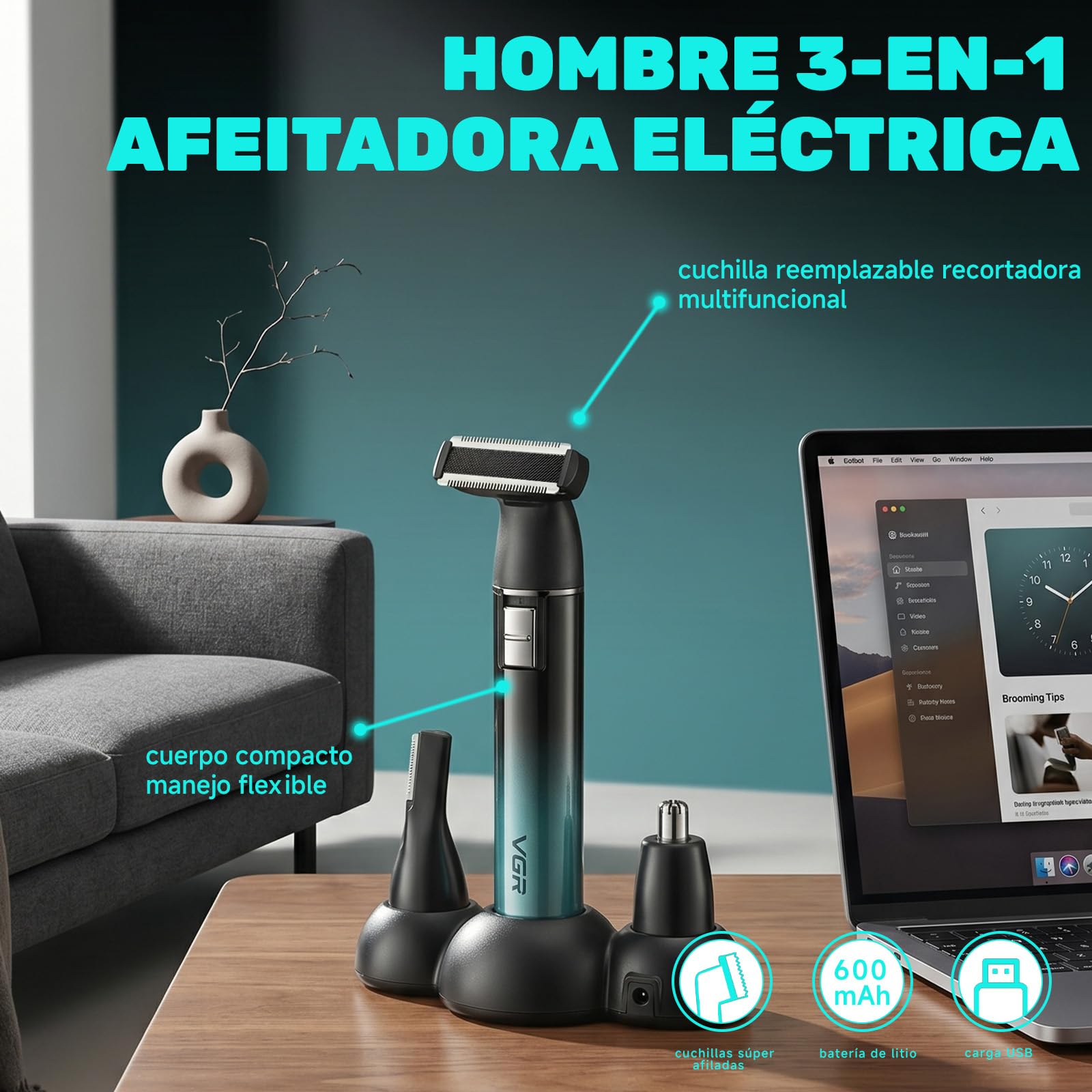 VGR 628 Depiladora Corporal Hombre 3 en 1, Afeitadora Corporal Masculina Inalámbrica, Maquina Depilar Hombre con Base, Adecuada Para Pecho, Piernas, Axilas, Nariz Y Rostro, Carga USB, IPX5, Verde