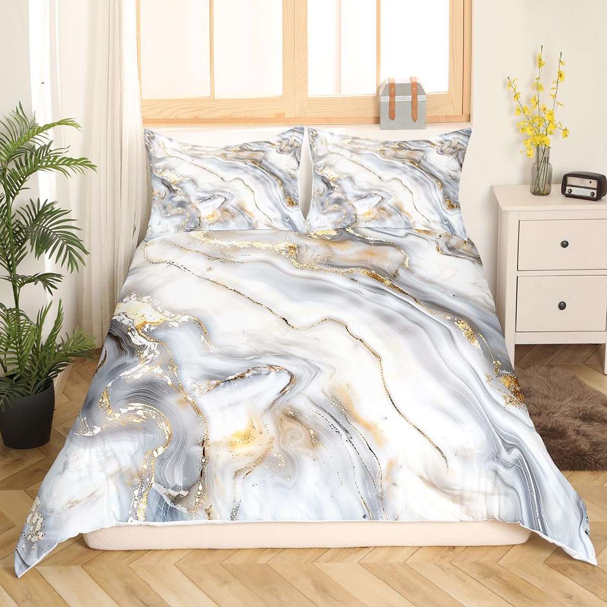 Juego de ropa de cama de mármol gris dorado para niños y adultos, funda de edredón de textura geométrica abstracta de mármol con textura grieta de ladrillo y lino con 2 fundas de almohada de doble ta