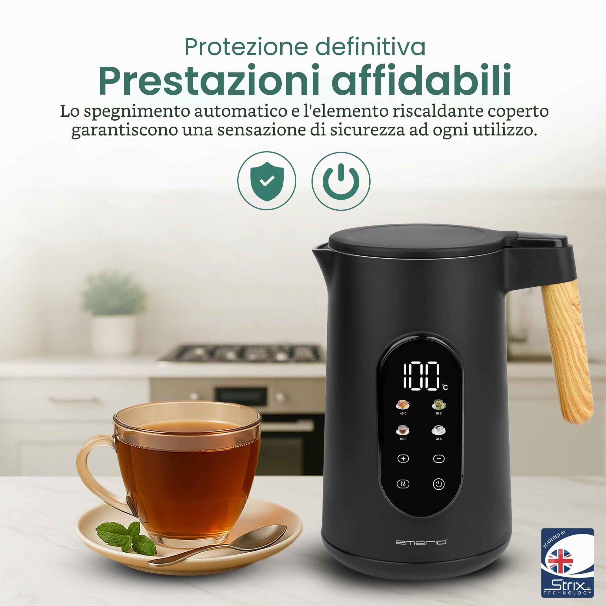 EMERIO Bollitore in acciaio inox, 1,7 l, doppia parete isolata, scelta della temperatura 40 – 100 °C in incrementi di 5 °C, display con varietà di tè preprogrammate, senza BPA, 2200 W, spegnimento