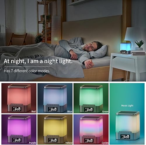 Miniatura 4 de Reloj despertador para dormitorio, altavoz Bluetooth con luz nocturna RGB con ritmos musicales, despertador con sonido y luz, control táctil
