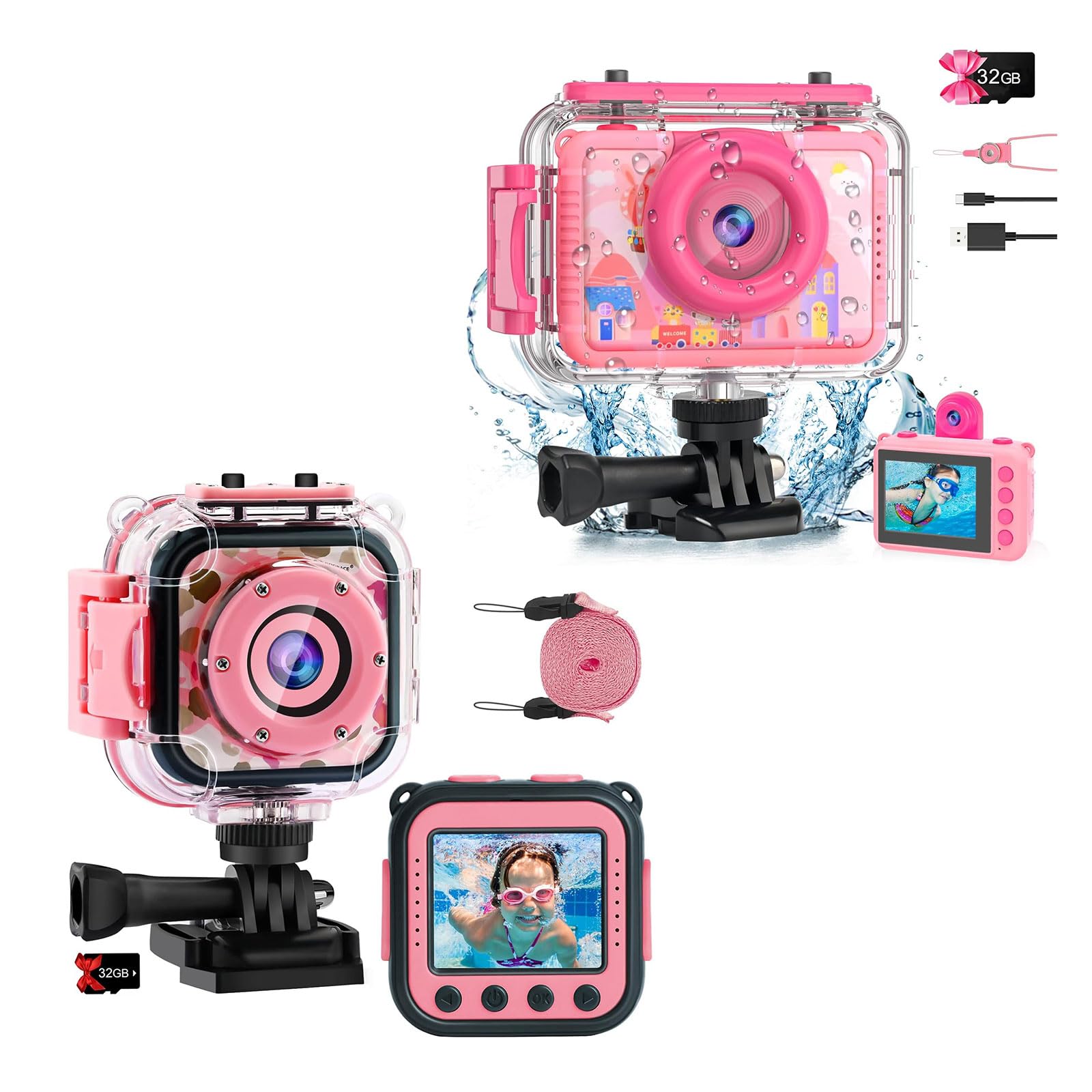 PROGRACE Kids Waterproof Camera for Girls Toys Christmas Birthday Presents with 32GB Card