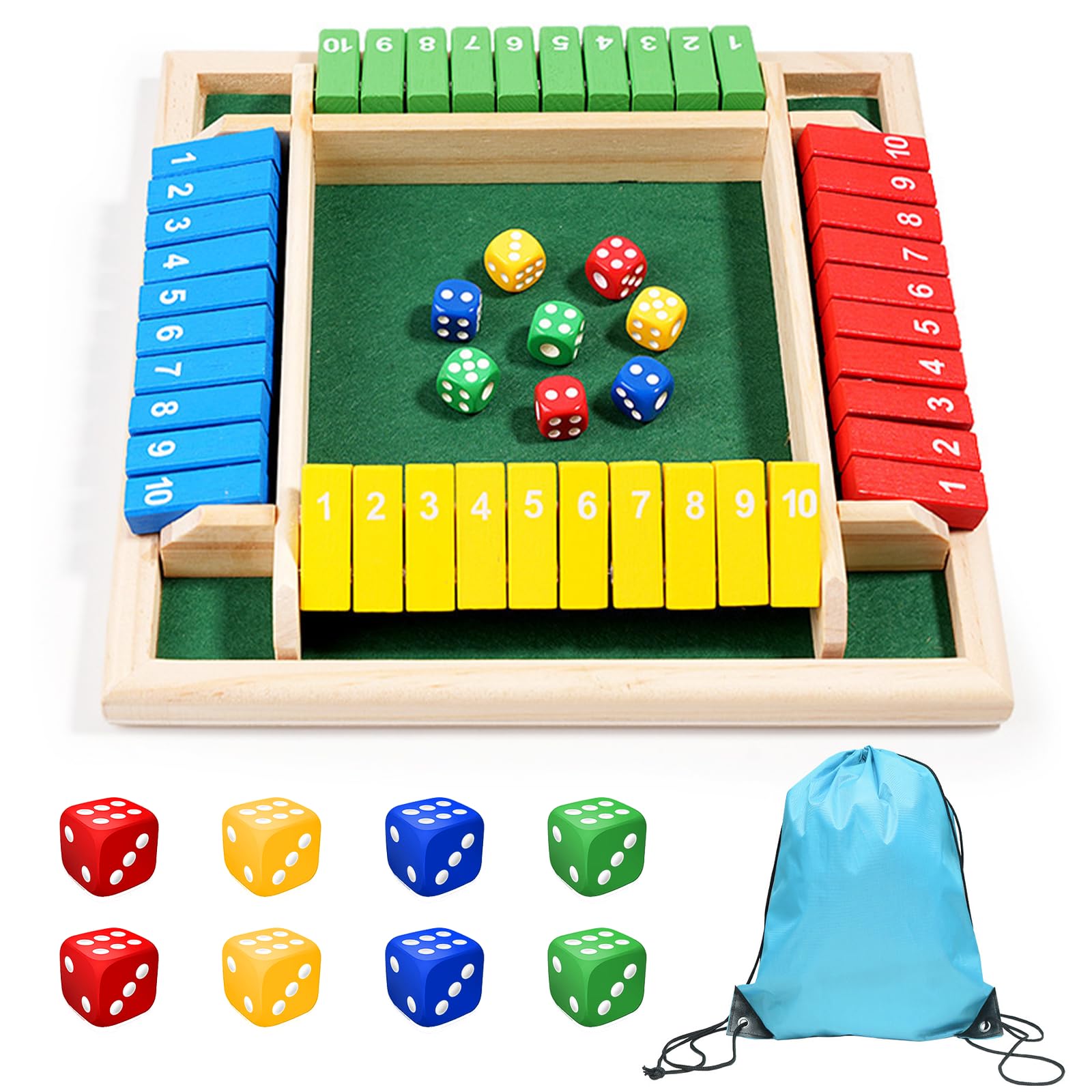 Xerteam Shut The Box Game 4 Player, Wooden Table and Board Game, Dice Math Number Travel Game for 1-4 Players, Adults and Kids (Colorful)