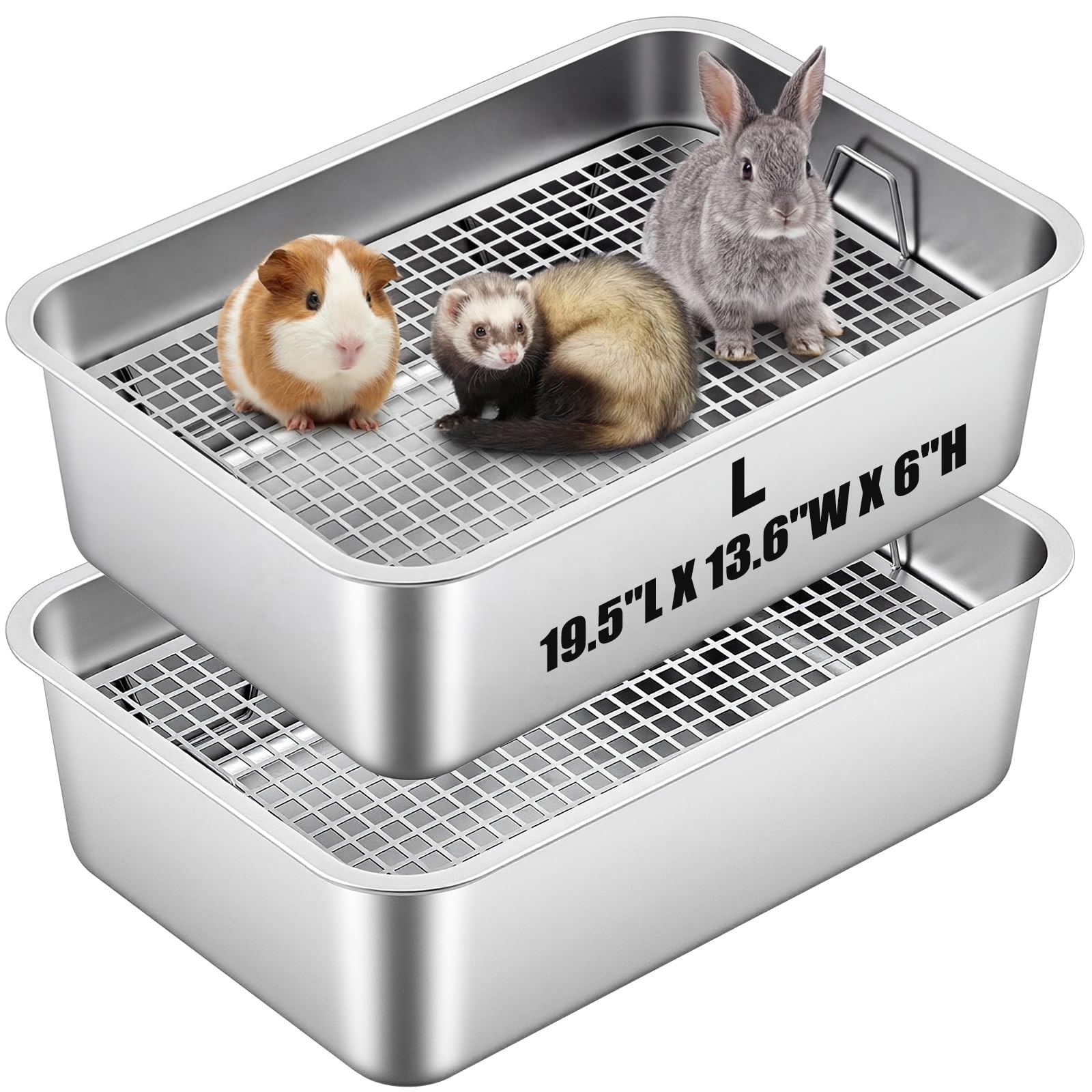 Maxcheck 2 Pcs Large Rabbit Litter Box, Stainless Steel Rabbit Litter Pan with 2 Raised Grid, High Back Wall Bunny Toilet Tray Potty Training Pan for Ferret Bunny Guinea Pig(L 19.5"L x 13.6"W x 6"H)