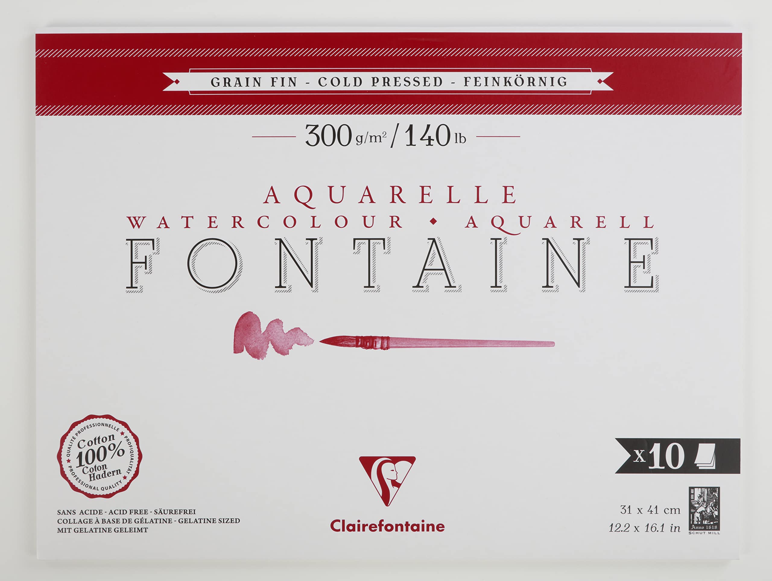 Clairefontaine 975513C Blok do akwareli klejony z 1 strony Fontaine – 10 arkuszy białego papieru akwarelowego 100% bawełna, faktura drobna, Format 31x41 cm 300 g