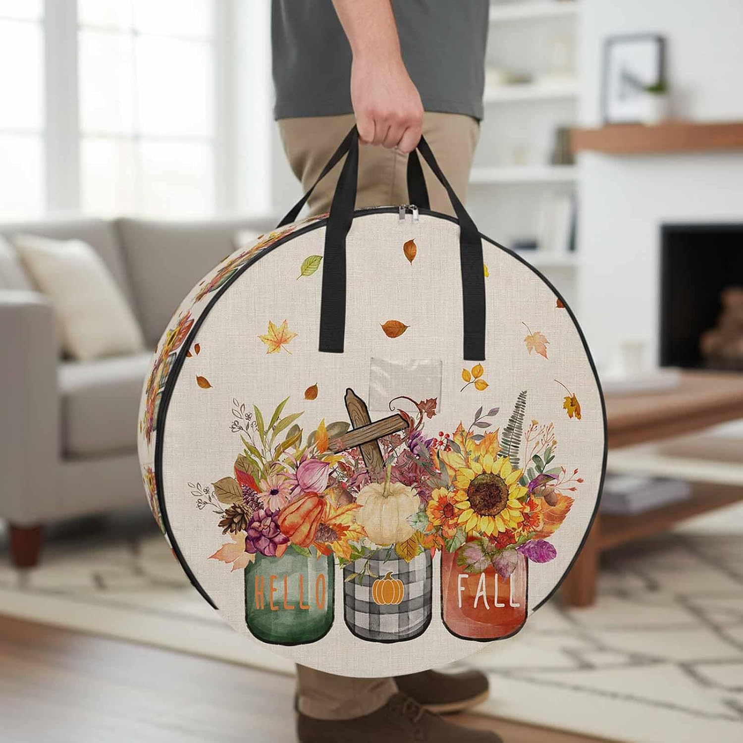 Fall Thanksgiving Round Storage Bag 36 Inch, Pumpkin Sunflowers Linen Texture Clothes Storage Container with Handles Heavy Duty Organizer for Comforter, Bedding & Holiday Wreaths