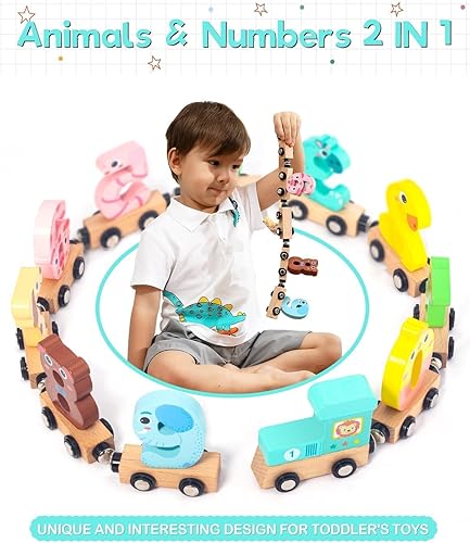 Miniatura 4 de Juguetes para niños pequeños, 11 piezas de trenes de animales de conexión magnética, juego de tren de madera STEM desmontable, juguete educativo