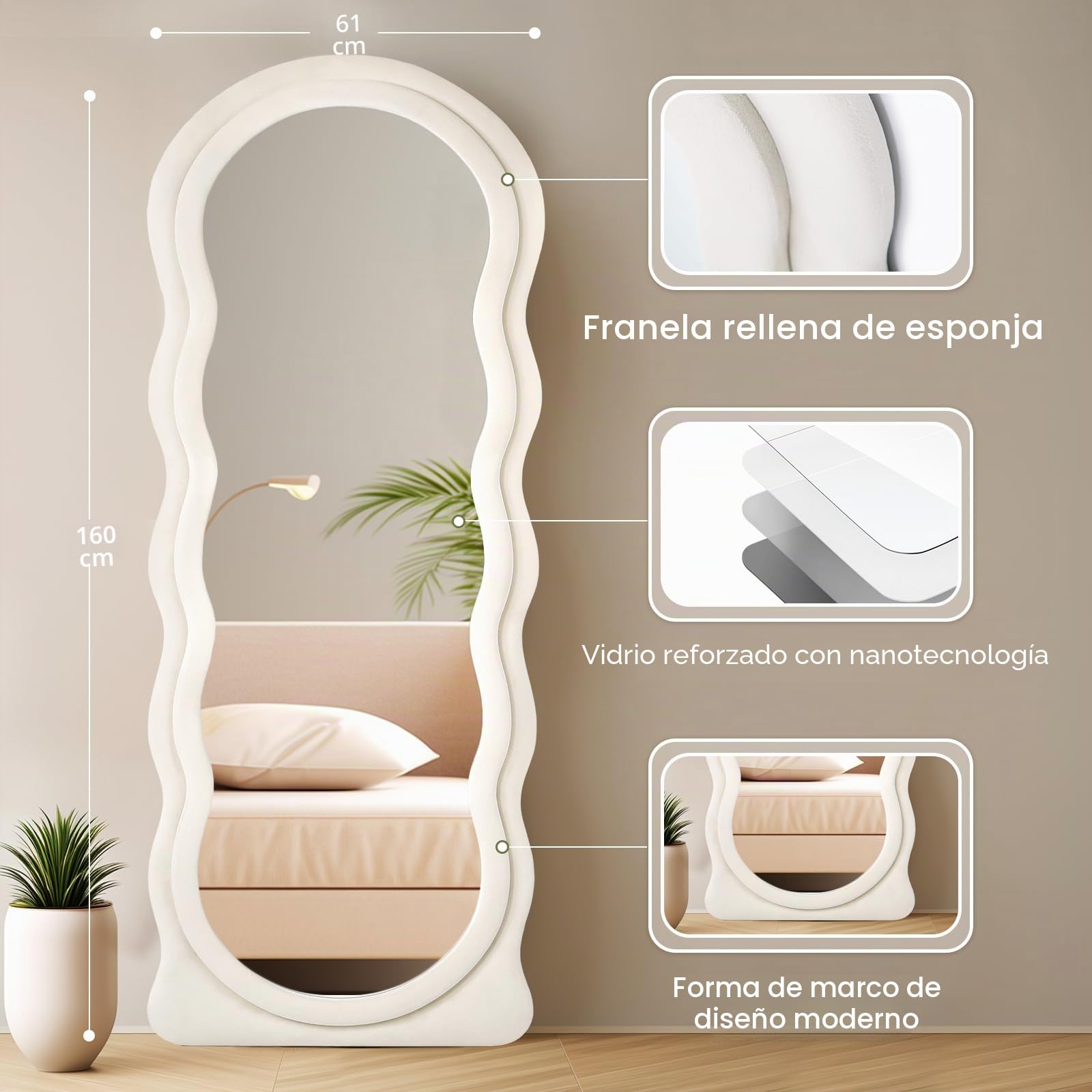 Espejo de cuerpo entero de 160 x 60 cm, irregular ondulado, espejo de cuerpo entero, montaje en pared, espejo de suelo con soporte, marco de franela blanco, espejo de pared inclinado para