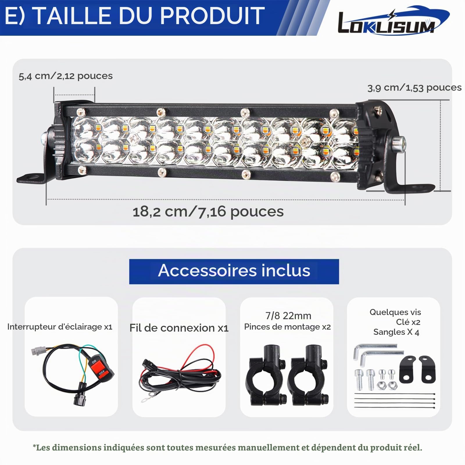 Barre Lumineuse pour Moto Tout-terrain 60 W 2500 lm avec Interrupteur, Lumière Blanche et Jaune pour Guidon de 22 mm, Compatible avec CRF110 KLX140 KLX110 TTR110 TTR110E KLX PW XR RM KX Motocross