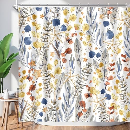 Cortina de ducha floral de acuarela con hojas coloridas, estilo bohemio, color amarillo y gris, decoración moderna del hogar, tela de poliéster