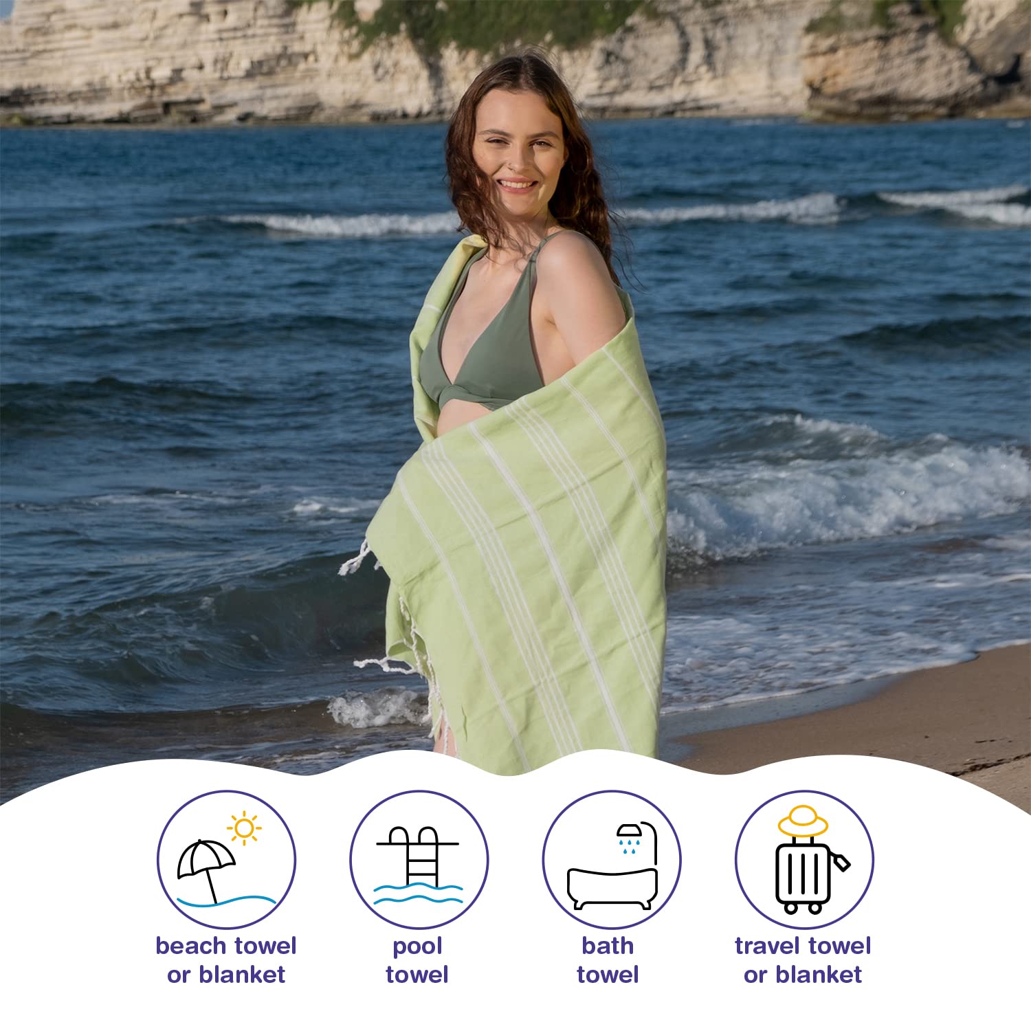 PADISHAHHOME Turkish Beach Towels, Pack of 4 | Oversized, Quick Dry, Sand Free | 100% Cotton, Large 38x71 Towels for Beach, Pool, Travel | Ultra-Soft, Compact, and Absorbent | Pistachio Green