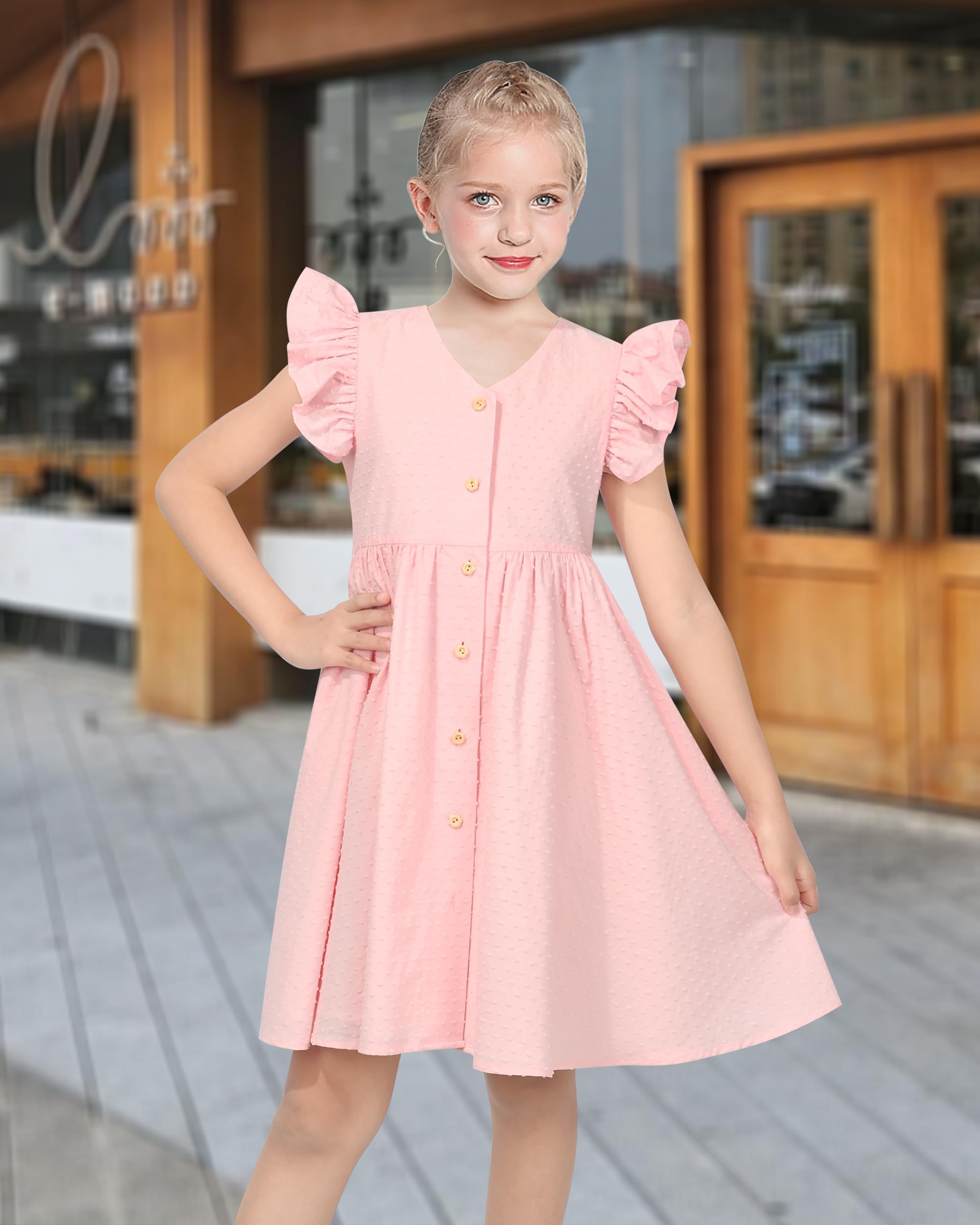 Sunny Fashion Vestido para niña Sonrojo Botón Frontal Punto Suizo Volante Fruncido Manga del Casquillo Cuello en V Boda Verano Casual 6-12 años