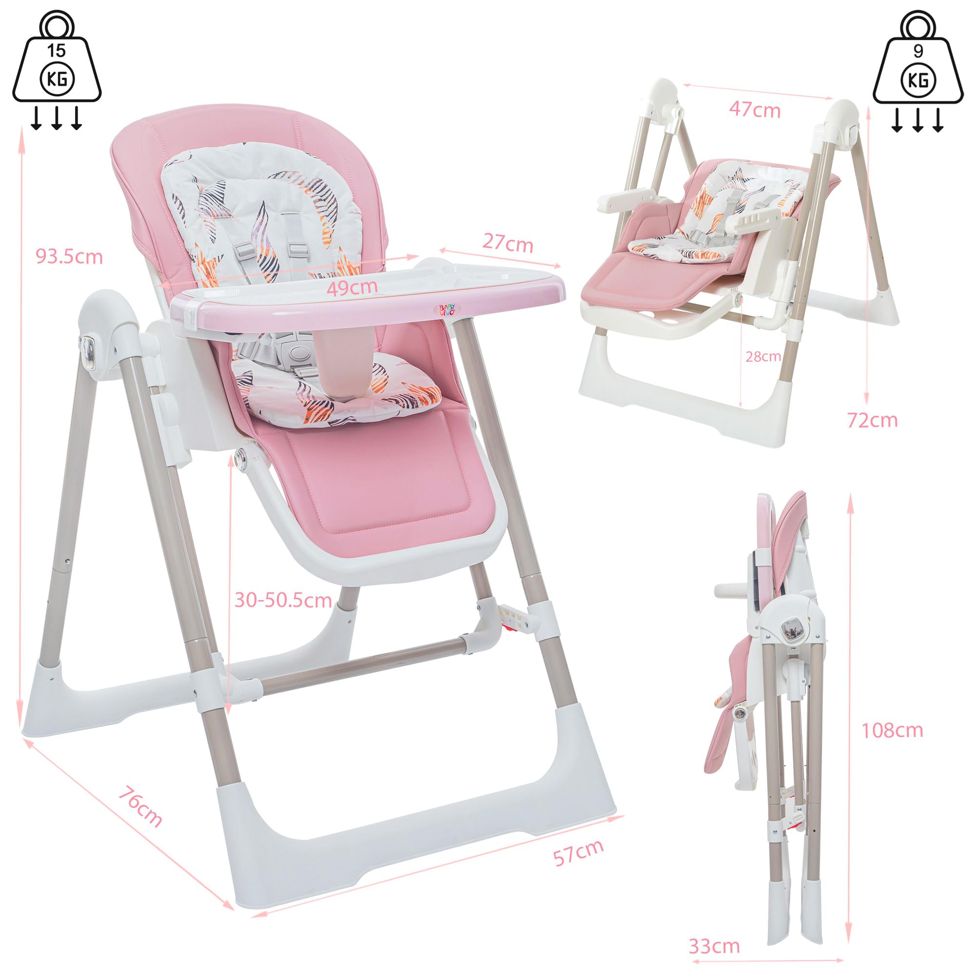 Baby Vivo Chaise Haute pour Enfants 3in1 Transat Réglable avec Repose-Pieds - Chaise Haute Bébé Combinée Chaise Balançoire Dossier Réglable Plateau Amovible - Lulu en Rose
