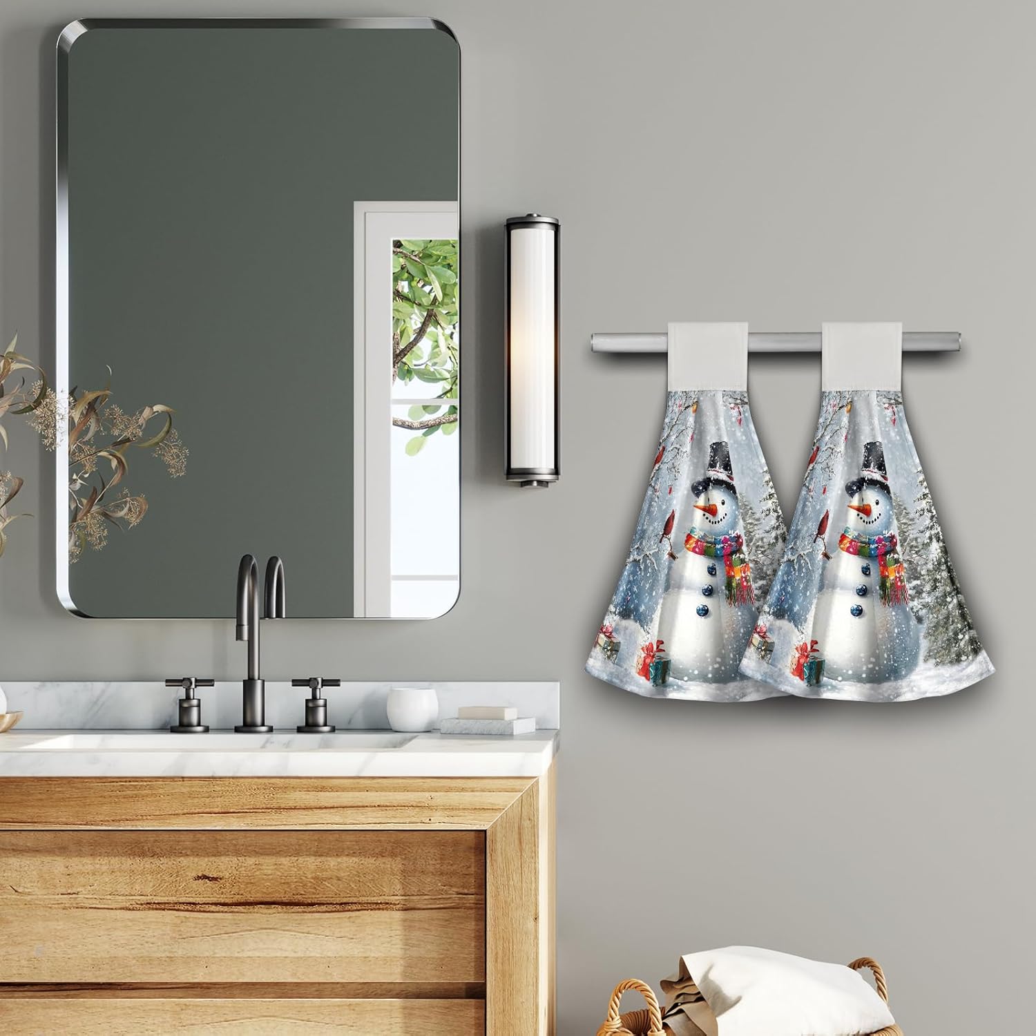 Giwawa 2PCs Snowman Kitchen Hanging Towel Christmas Winter Snow Trees Hand Tie With Loop & Hook - Xmas Present Soft Absorbent Dish Tea Bar Washcloth for Bathroom Laundry Room Tabletop Decor - Image 6