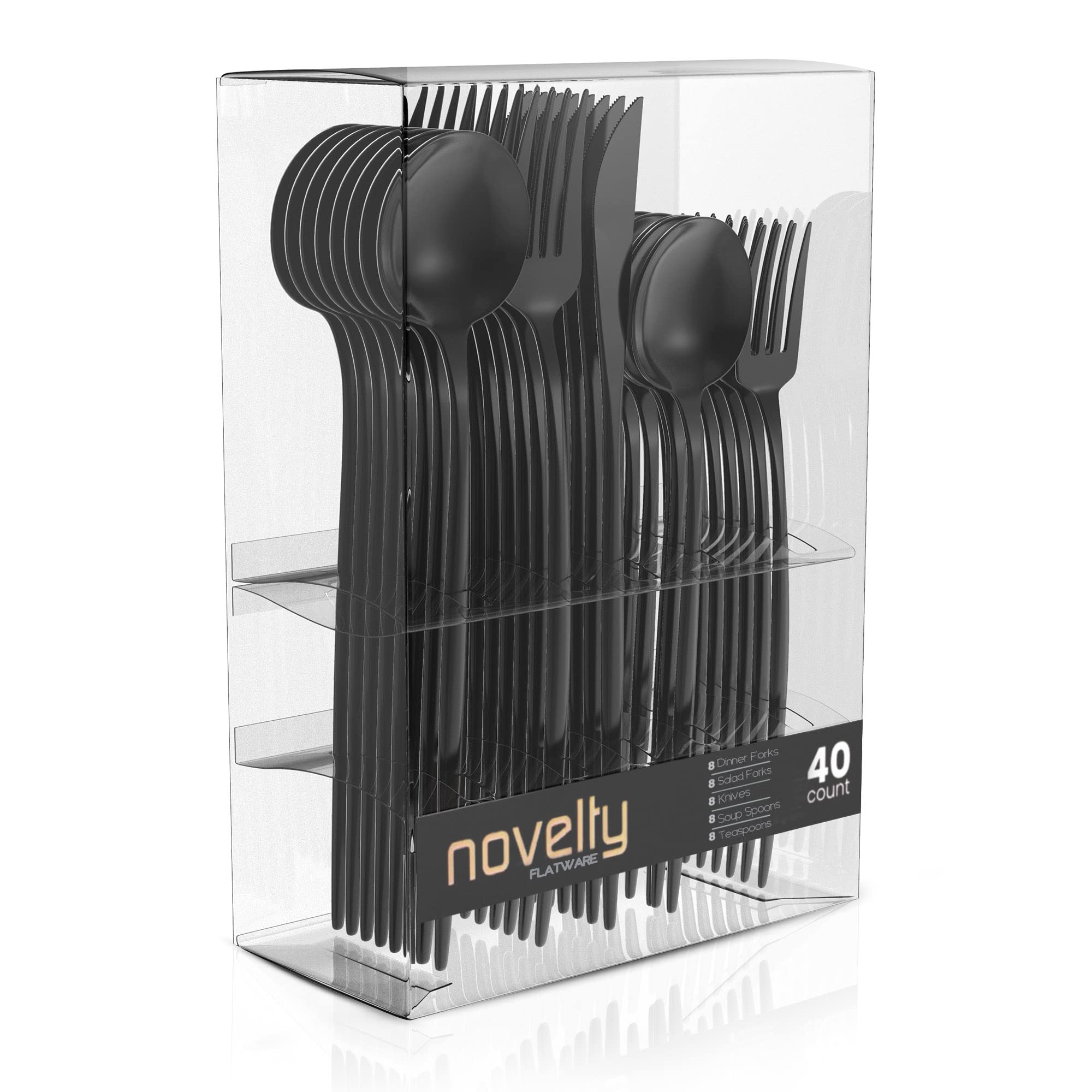 Party Bargains Plastic Silverware Set, 40 Pc, Novelty Design, Black, 16 Forks, 8 Knives, 16 Spoons, Disposable Cutlery, Modern Flatware Utensils, Place Settings, Dinner, Dessert, Entrees
