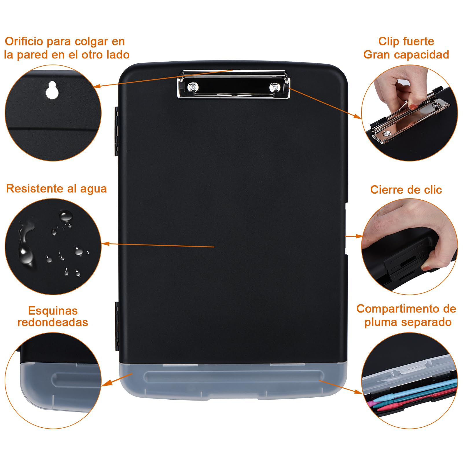 ZCZN Portapapeles de Plástico con Compartimento para Bolígrafos Separado, Clipboard A4 para la Escuela, Utilidad, Oficina Industrial, Personal Médico, Color Negro