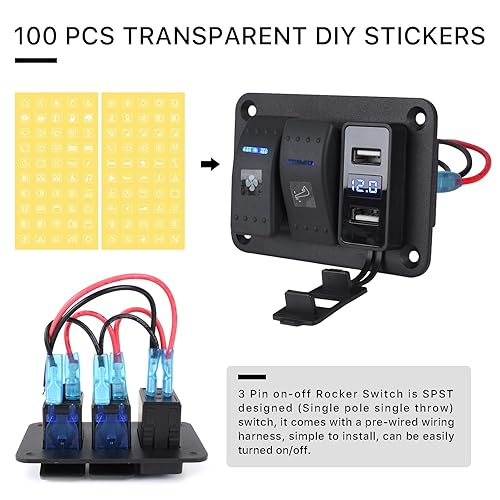 Miniatura 5 de Panel de interruptor basculante de 2 bandas con cargador USB dual de 4.8 amperios, voltímetro impermeable, 12 V, 24 V CC, interruptor basculante con