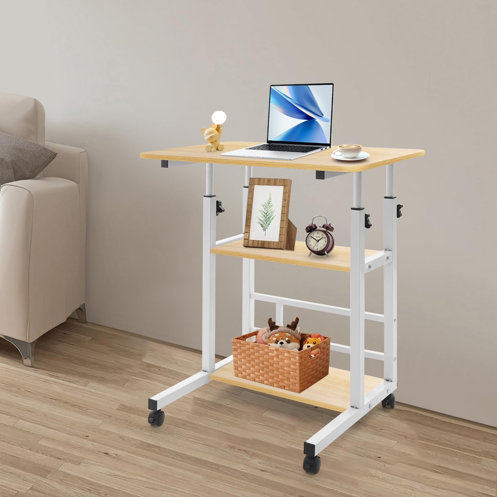 Comodino regolabile Overbed, scrivania mobile a 3 livelli, per soggiorno, ufficio, casa, studio, colore legno, 60 x 40 cm, altezza regolabile: 60 – 90 cm