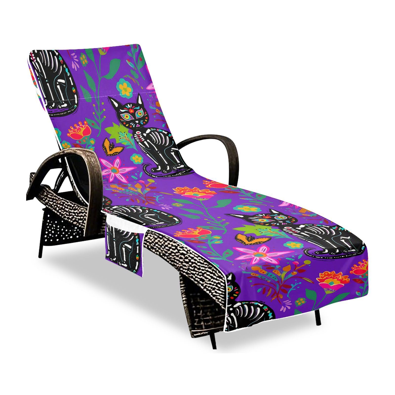 BOESI Doodle Cat and Flowers Beach Chair Towel, Outdoor Pool Chair Cover, with Pockets, Suitable for Outdoor Beach Garden Sunbathing, 85'' x 30''
