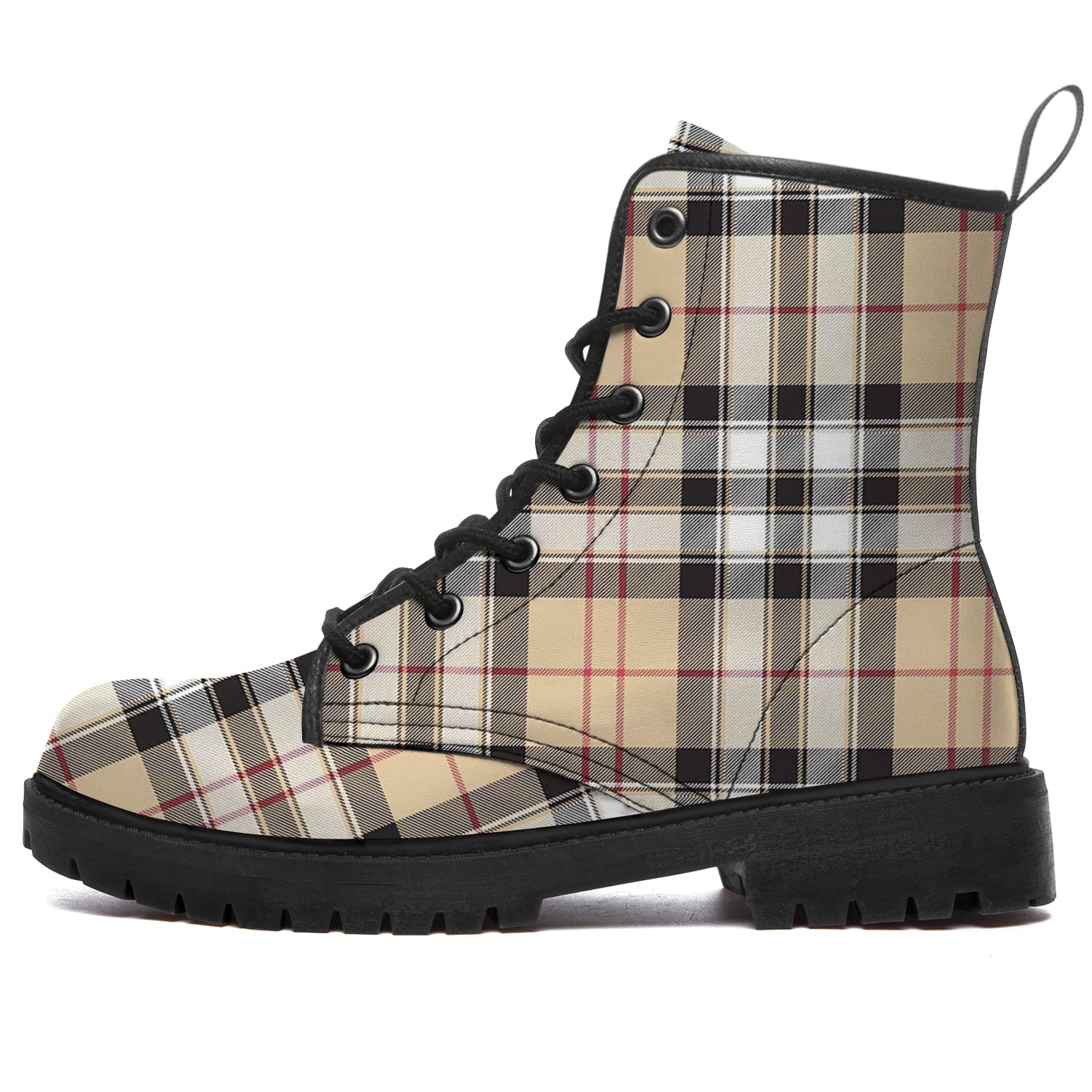 Tartan Plaid Boots Women Men Combat Boots PU Leather Lace-up Ankle Booties Gifts for Friends