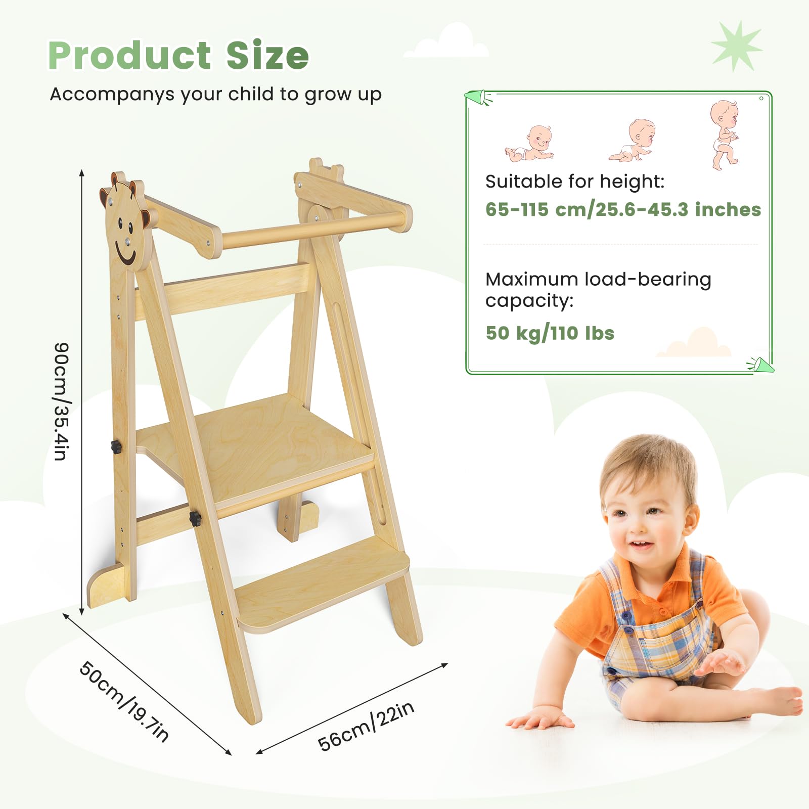 Montessori - Torre di apprendimento per bambini, regolabile in altezza, in legno, sgabello pieghevole per bambini, con barra di sicurezza e design robusto