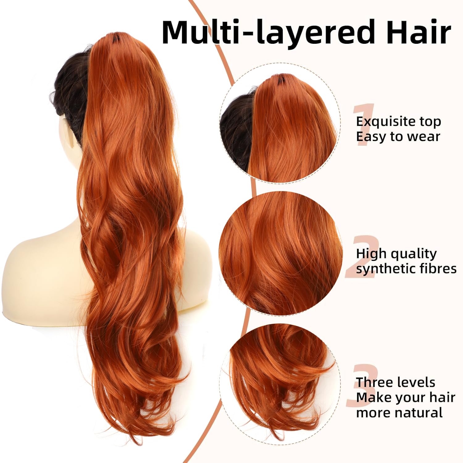 PORSMEER Ponytail Extension,Drawstring Ponytail Hair Extensions 26 Inch Long Natural Straight Wavy End Synthetic Hairpiece for Women Girls Daily Use (Ginger) - Image 2