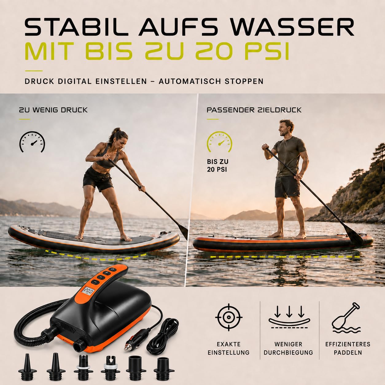 SkinStar elektrische SUP Board Pumpe 2-Stufen Kompressor Luftpumpe 20 PSI