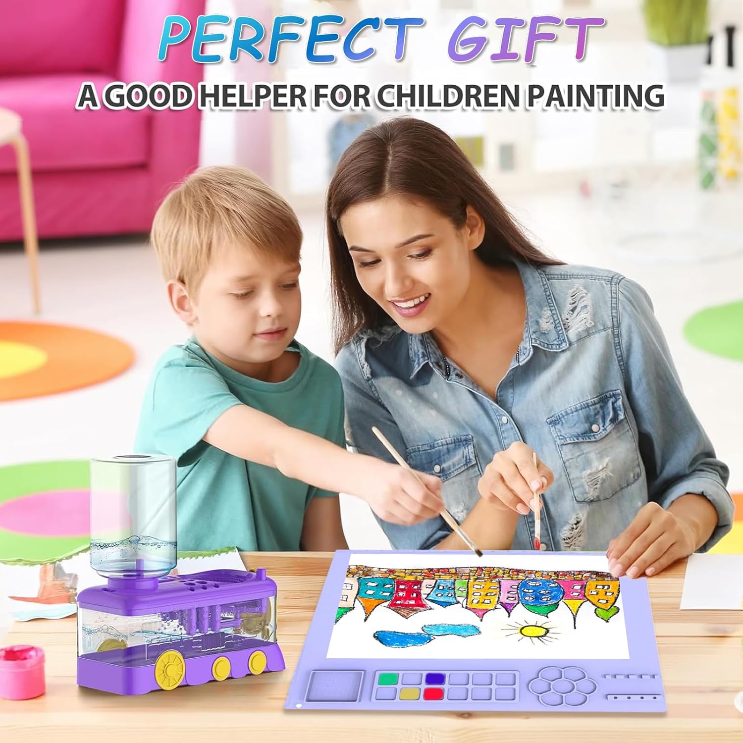 Paint Brush Cleaning Kit for Kids with 5 Brushes, Art Smock, Washable Mat, Guidebook, Spiral Brush Cleaner Jar for Watercolor(Purple) - Image 6