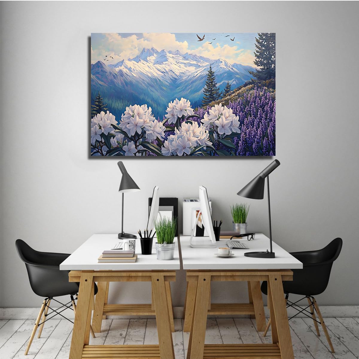 YUNART Mountain Wall Art Canvas Pictures Natural Landscape For Living Room Forest Tree Flowers Paintings For Bedroom Home Decor 65x100cm Inner Frame