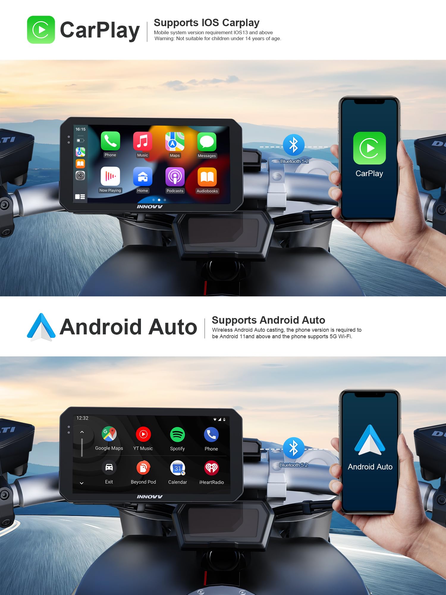 INNOVV N2 - Dash Cam per moto Carplay, touch screen da 6 pollici, supporta Android Auto e iOS, fotocamera anteriore e posteriore 2K 2K con navigazione GPS, modalità parcheggio, musica, Wi-Fi 5.8G