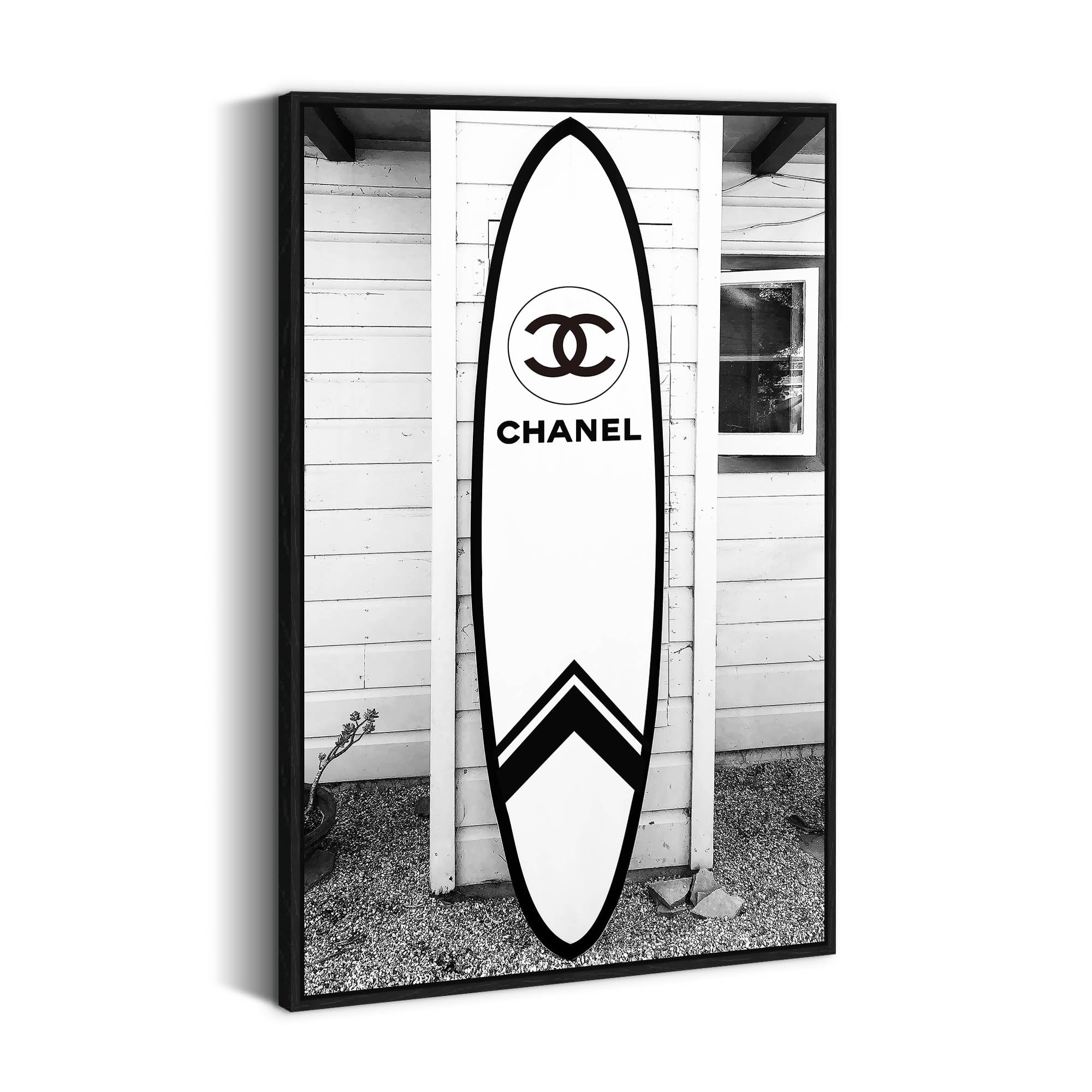 Black White Beach Framed Art: Large Retro Trend Surfboard Wall Picture Vintage Ocean Theme Scenery Canvas Prints Fashion Seaside Cottage Painting Artwork for Living Room Bedroom Bathroom, 2FT Wide x 3 FT High
