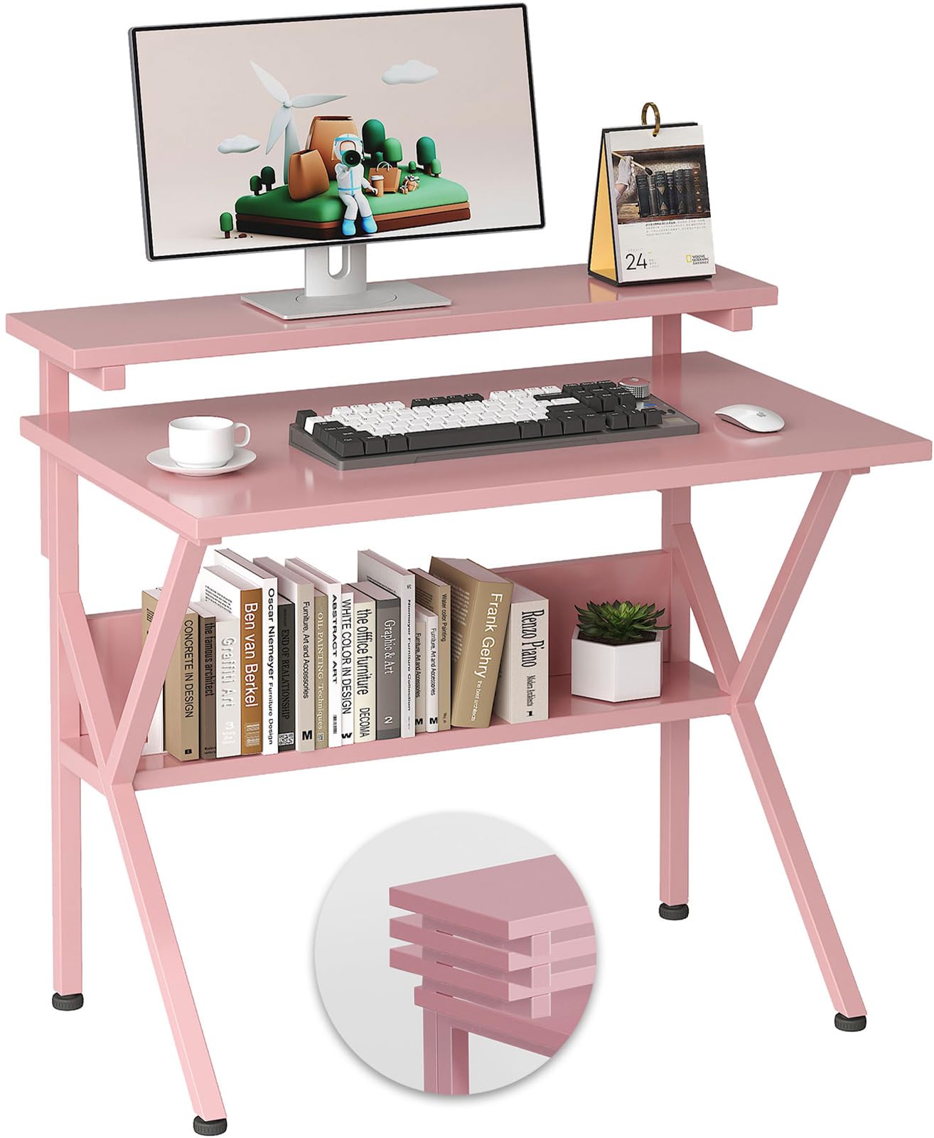 cotublr small desk, 27.5 inch small computer desk for spaces, computer desks with adjustable monitor stand, compact desks with storage, tiny study table for bedroom home office, pink