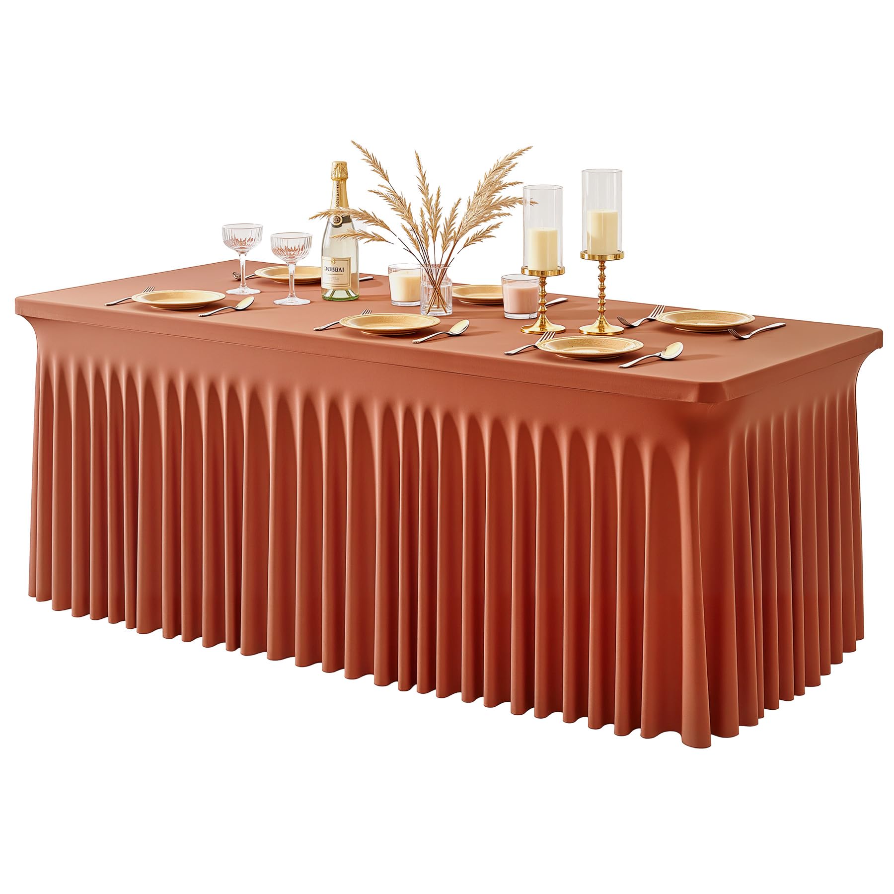 Photo 1 of 1 Pack Terracotta Spandex Tableclothes for 6 Foot Rectangle Tables, Wrinkle Free 6ft Fitted Table Cover Stretch Table Cloth Desk Skirt for Weddings Baby Shower Birthday Party Banquet Decorations