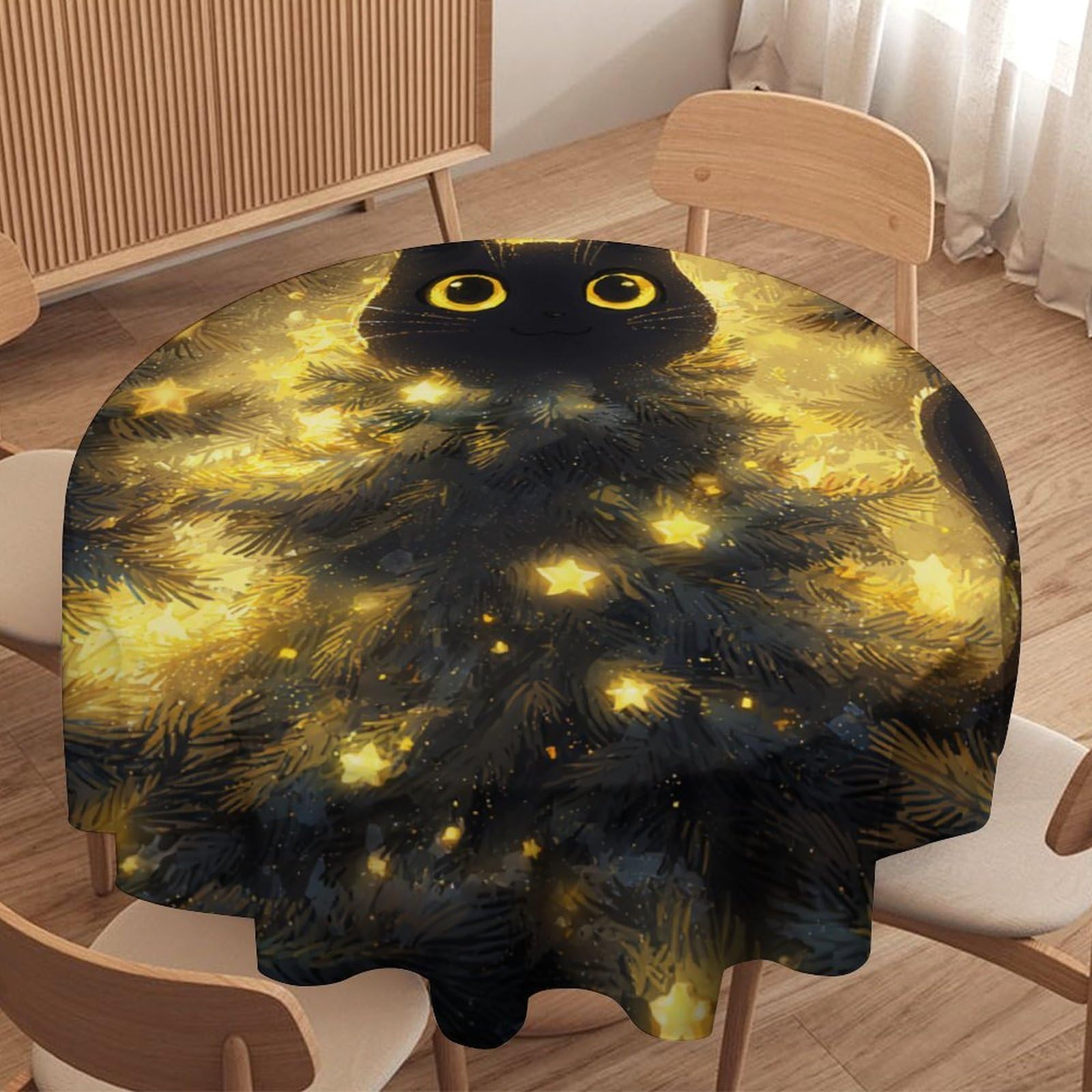 LUYYSKY Colorful Funny Animal Kitten Waterproof Round Tablecloth Retro Watercolor Merry Christmas Tree Japanese Black Cat Washable Table Cover for Kitchen-152.4" Wx152.4 L cm