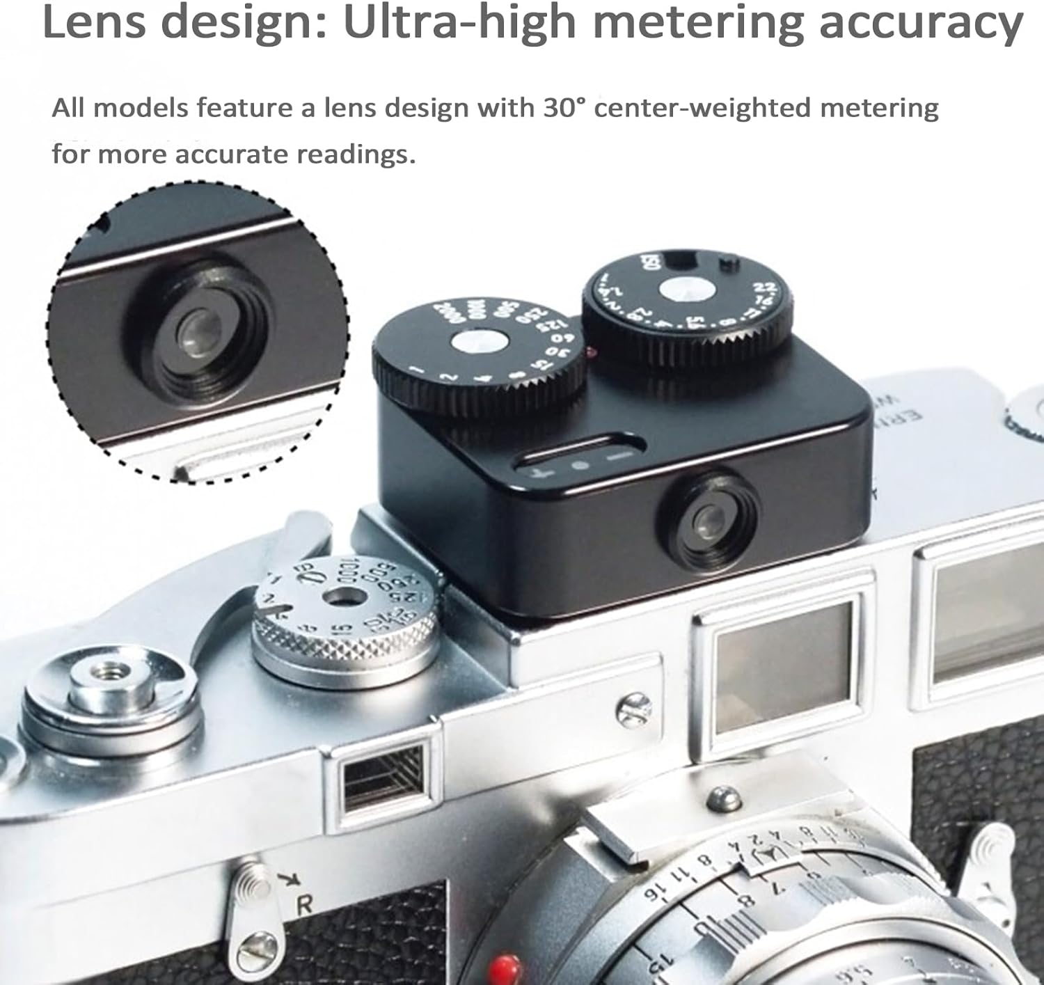 Camera Light Meter, Photographic Light Meters, Adjustable Boot seat Position Design, 30° Average Exposure Metering, with Leather Case, for Vintage Cameras Photography(Silver)