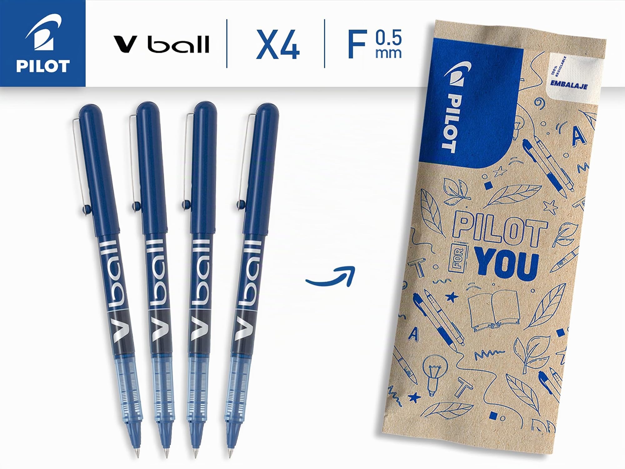 PILOT - Caja de 4 VBall 05 - Bolígrafos Roller con Tinta Líquida - Bolígrafos con Punta Cónica Fina para Escritura Suave y Precisa - Secado Rápido Antimanchas - Azul - Punta Fina (0,5mm)