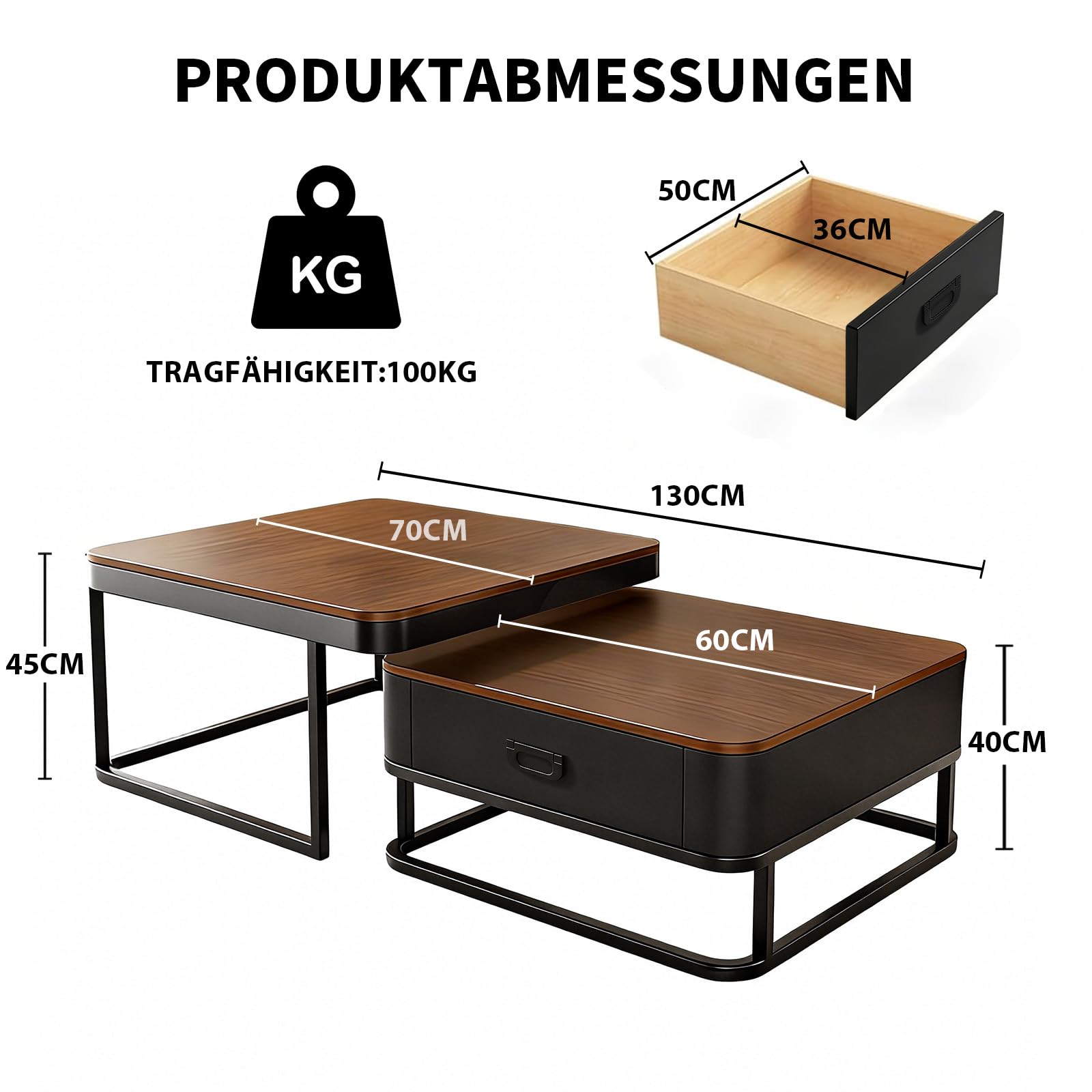 Generisch 2er-Set Kaffeetische, Moderner Ausziehbarer Kaffeetisch, Nussbaum-Kaffeetisch mit Stauraum, Metallgestell, für Wohnzimmer, Schlafzimmer, Nussbaum-Optik