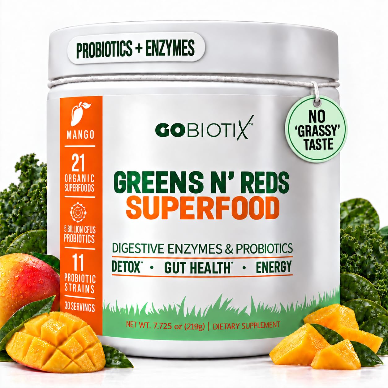 GOBIOTIX Super Greens Powder with Beet Root, Spirulina, Moringa &amp; Chlorella – Probiotics, Enzymes &amp; 21 Superfoods – Zero Sugar, Vegan, Non-GMO – 30 Servings (Mango)