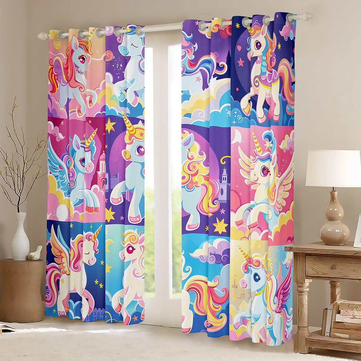 Manfei Lot de 2 rideaux de salon motif licorne mignonne à carreaux de licornes de dessin animé pour femmes et hommes, rideaux de cuisine, rideaux de chambre à coucher, rideaux de chambre à coucher
