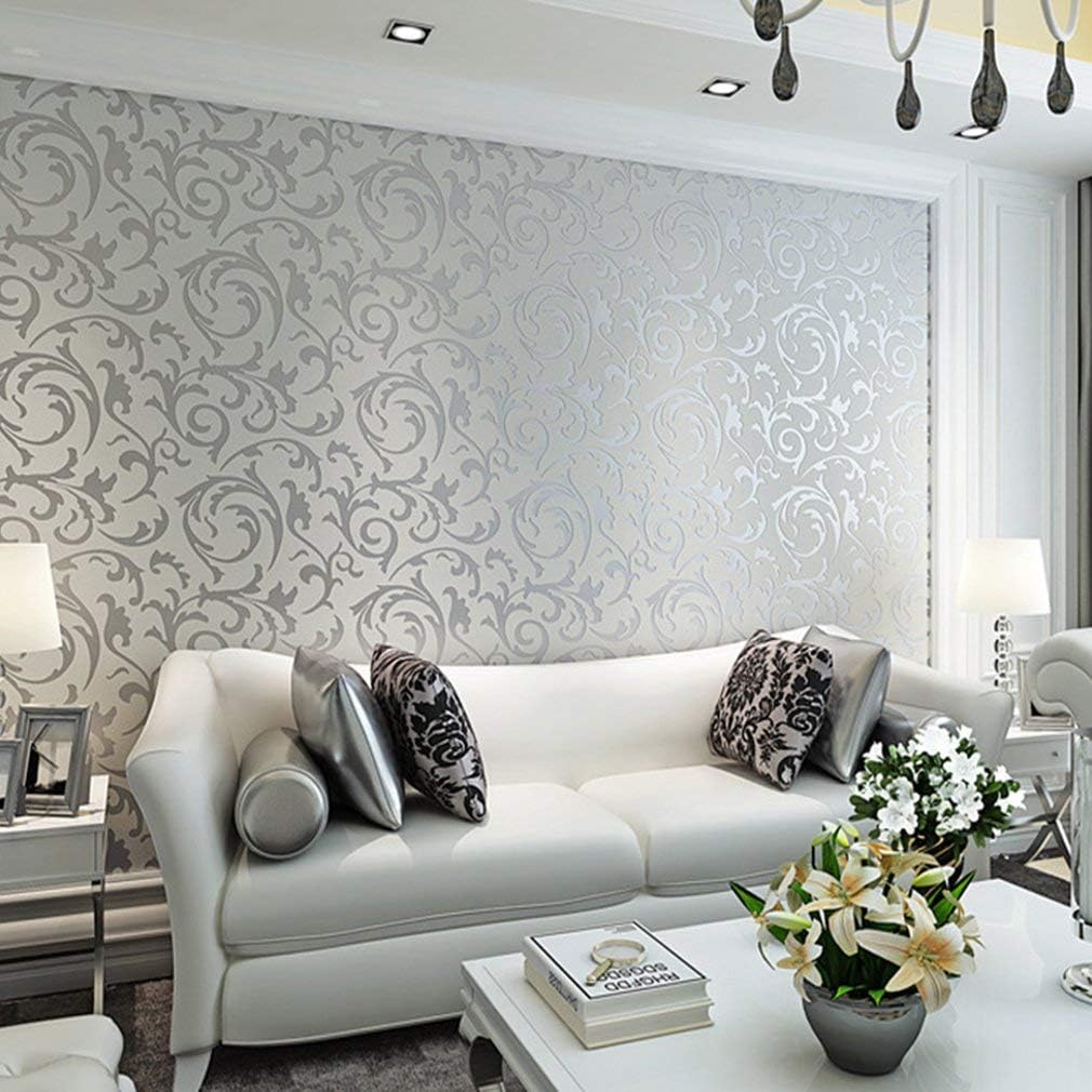 3D Non-Woven Wallpaper,10M,3D Wallpapers Abstract Roll Mural Papel De Parede Flocking for Striped Cream for Living Room Bedroom,Kitchen,Luxury Silver 3D European Style (Silver Leaves)