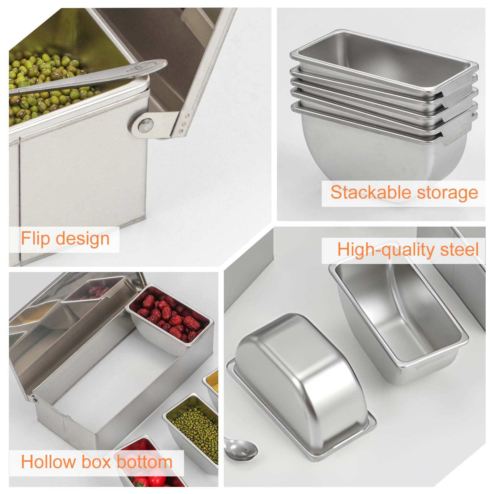 Récipient À Ingrédients Pour Pizza, Coffret D'assaisonnement En Acier Inoxydable, Station De Garniture De Pizza, Avec Couvercle Et Cuillères Pour Préparer Les Ingrédients(450 Ml /4 Compartiments)