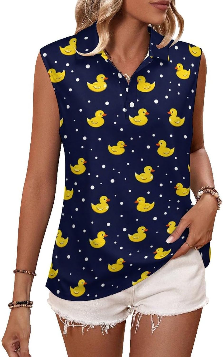 Yellow Rubber Duck Womens Golf Shirts Print Polo Shirt Sleeveless Tank Top Casual Work Blouses