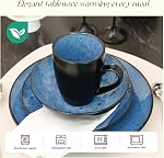 HomeVSS 16-Piece Porcelain Dinnerware Set with Reactive Glaze - Plates & Bowls Sets, 4 Deep Plates, Bowls, Mugs, Microwave & Dishwasher Safe, Stackable Art Tableware for Family- Capri Blue