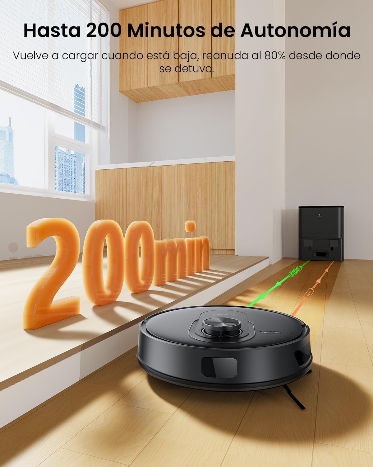 Proscenic Q8 MAX+ Robot Aspirador y Fregasuelos Potente 8000Pa/200 Min, con Navegación LDS y Auto-Evasión de Obstáculos, 3L Base de Autovaciado, por App/Remoto/Voz, Moqueta/Pelo de Mascotas/Suelos