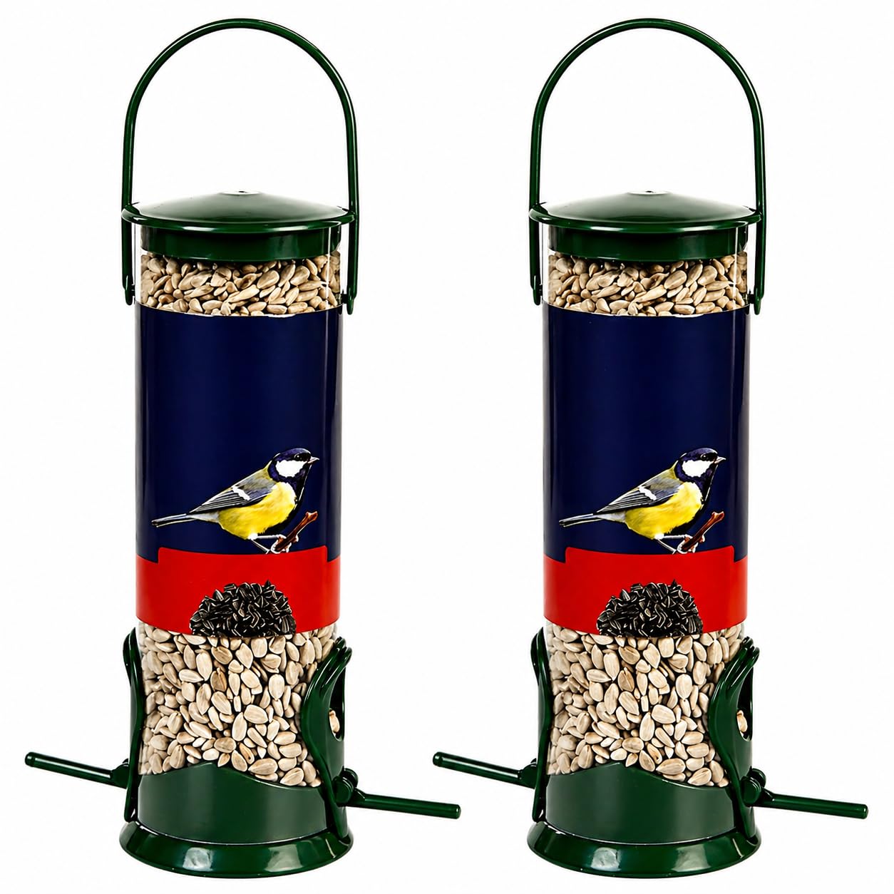 Hanging Seed Feeder with 2 Ports (2 Pack) - Refillable Premium Quality Bird Feeder for Small Birds Lawn and Garden Outdoor Use (Green)