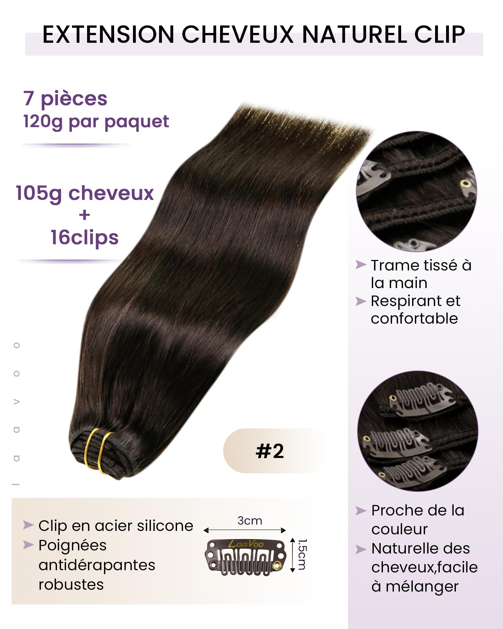 LaaVoo 60cm Extension Cheveux Naturel Clip Marron Fonce 7pcs 135g Double Trame Remy #2