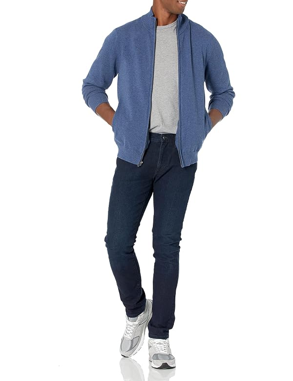 Amazon Essentials Men's Full-Zip Cotton Sweater, Blue Heather, Large by Amazon Essentials - Used condition - Image 4