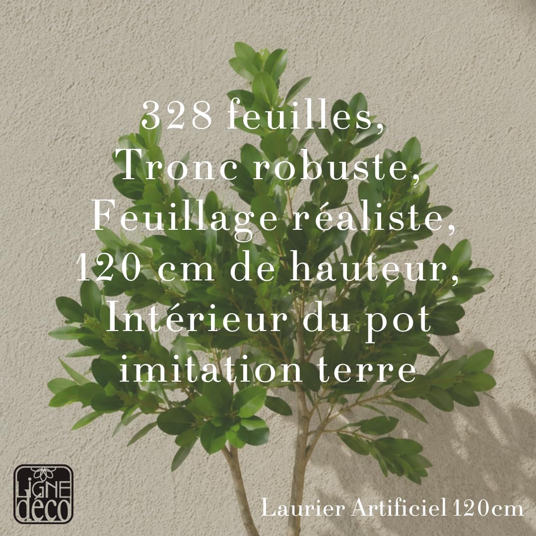 Ligne Déco – Laurier Artificiel 120cm | Plante Artificielle Pot Plastique Noir Imitation Terre