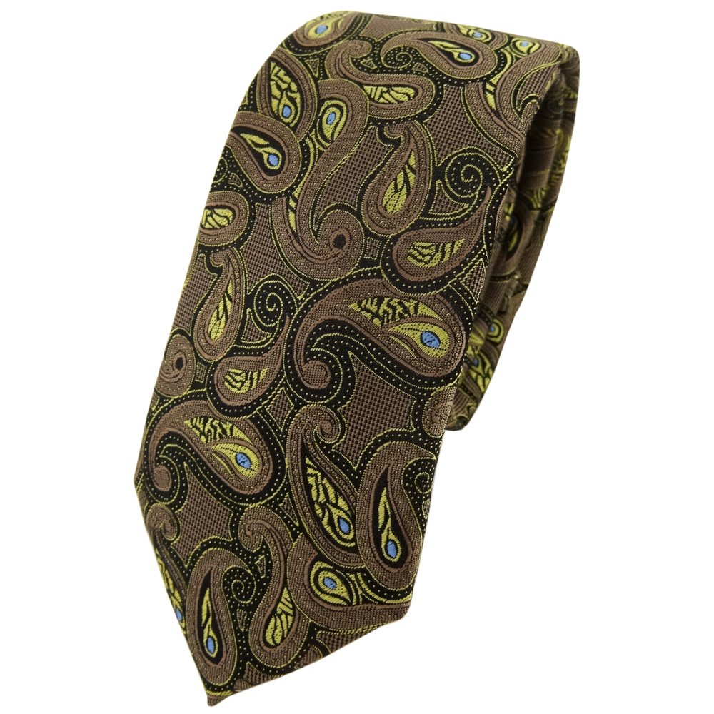 Tigertie Men's Brown, Gold, Blue, Black Narrow Designer Tie Necktie In Brown Gold Blue Black Paisley Patterned