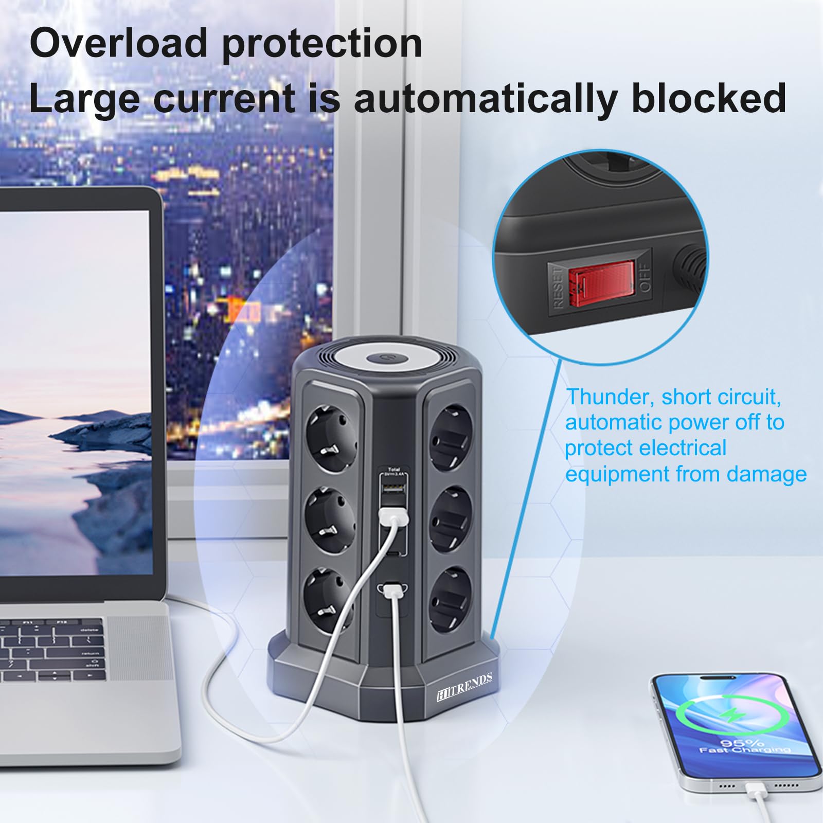 Ciabatta elettrica a 12 prese con 2 USB-A e 2 USB-C, 4000 W LED con interruttore, cavo da 1,8 m, torre con protezione da sovratensione (nero)
